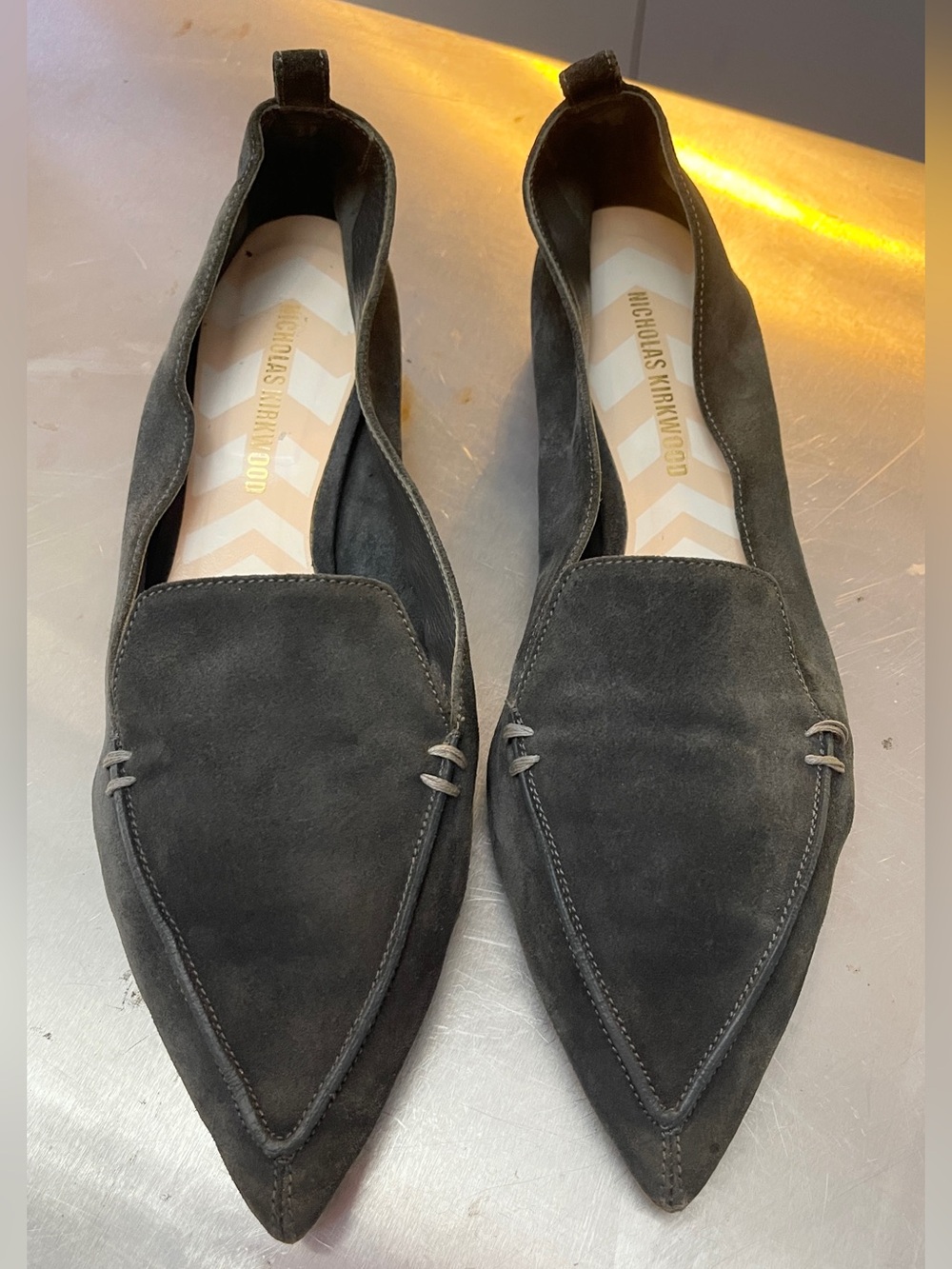 Nicholas kirkwood grey suede pointed flats gold metal heel